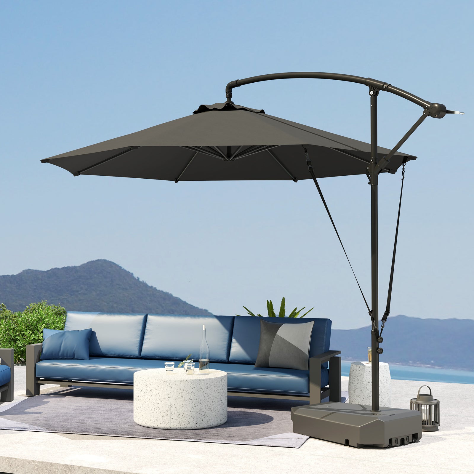 Garden Cantilever Parasol W/ Cover Weighted Base Wind Strap | Dark Gray