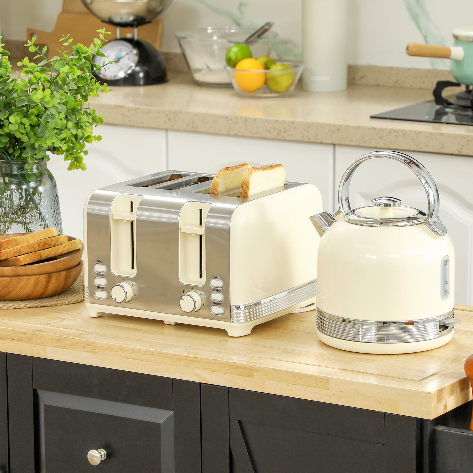 1.7l 3000w Fast Boil Electric Kettle And 4 Slice Toaster Set | Cream