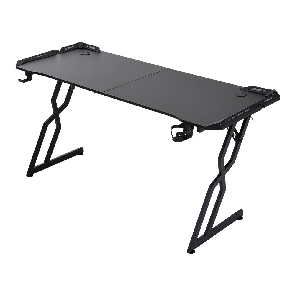 120cm/140cm/160cm W Gaming Desk With Mouse Pad, Cup Holder & Headphone Hook Sturdy Computer Table With Led Lights | Medium | Black