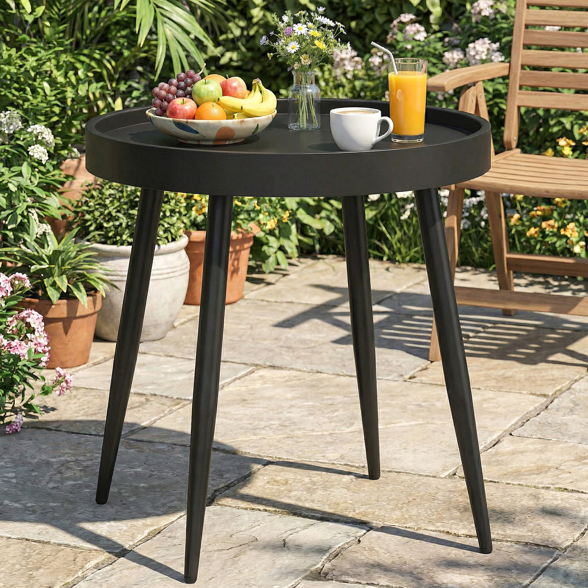 Outsunny Round Garden Table, Outdoor Coffee Side Table With Plastic Top