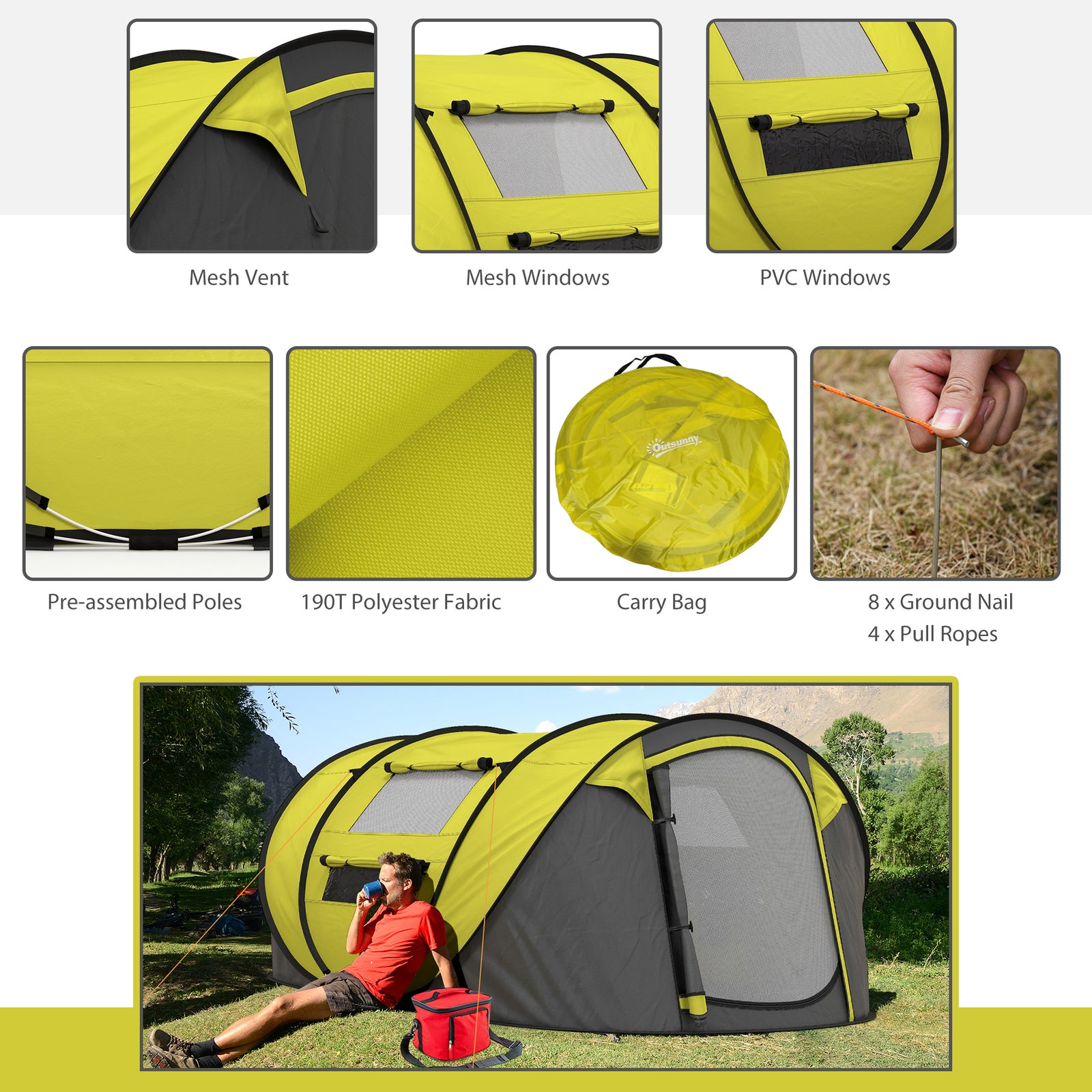 4-5 Person Camping Tent Dome Pop-up Tent  With Windows | Yellow