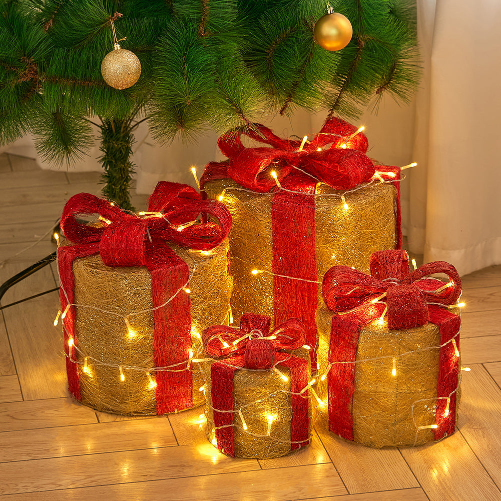 4pcs Christmas Gift Box Decorations With Led String Lights | Gold