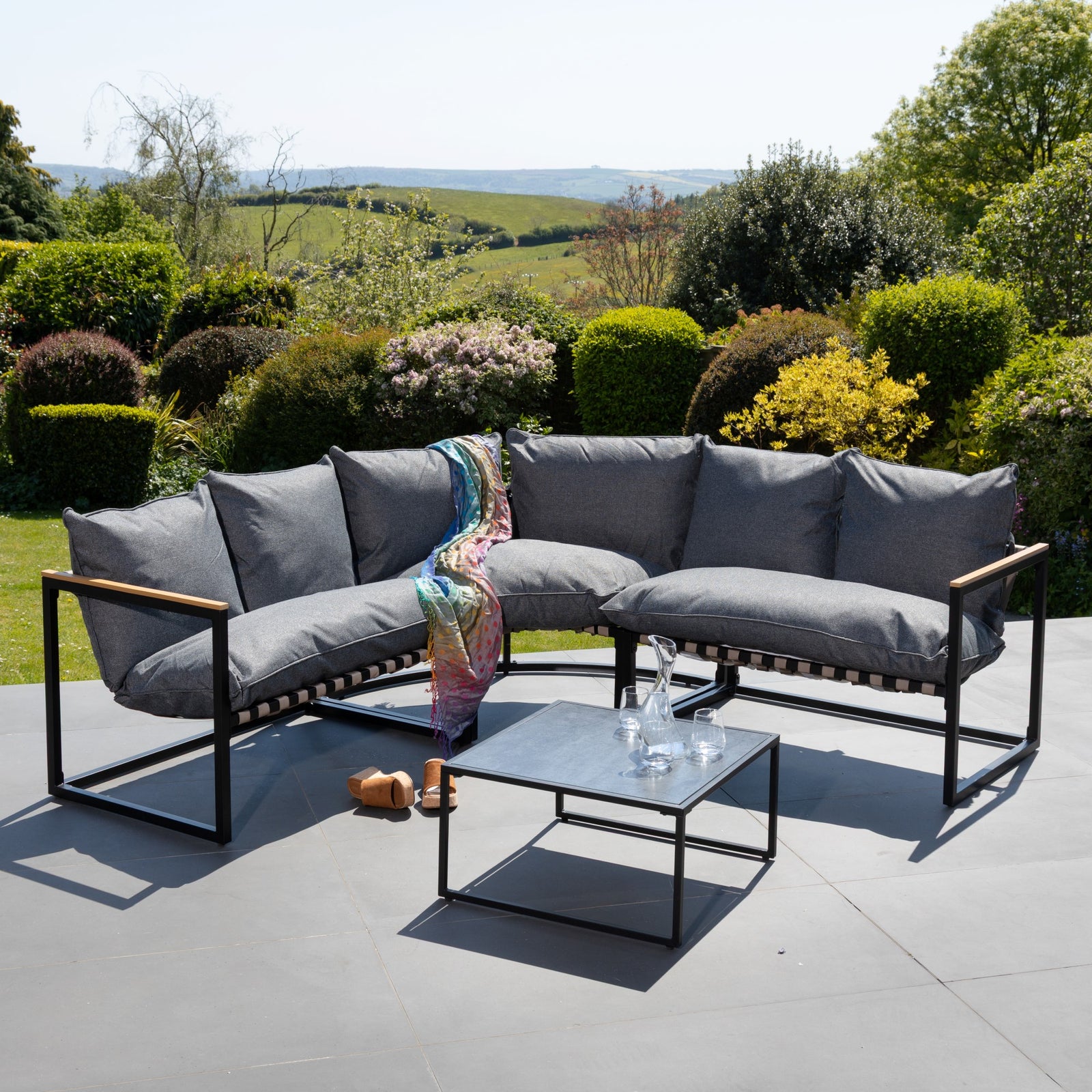 Bosque Black & Grey Garden Corner Sofa + Table