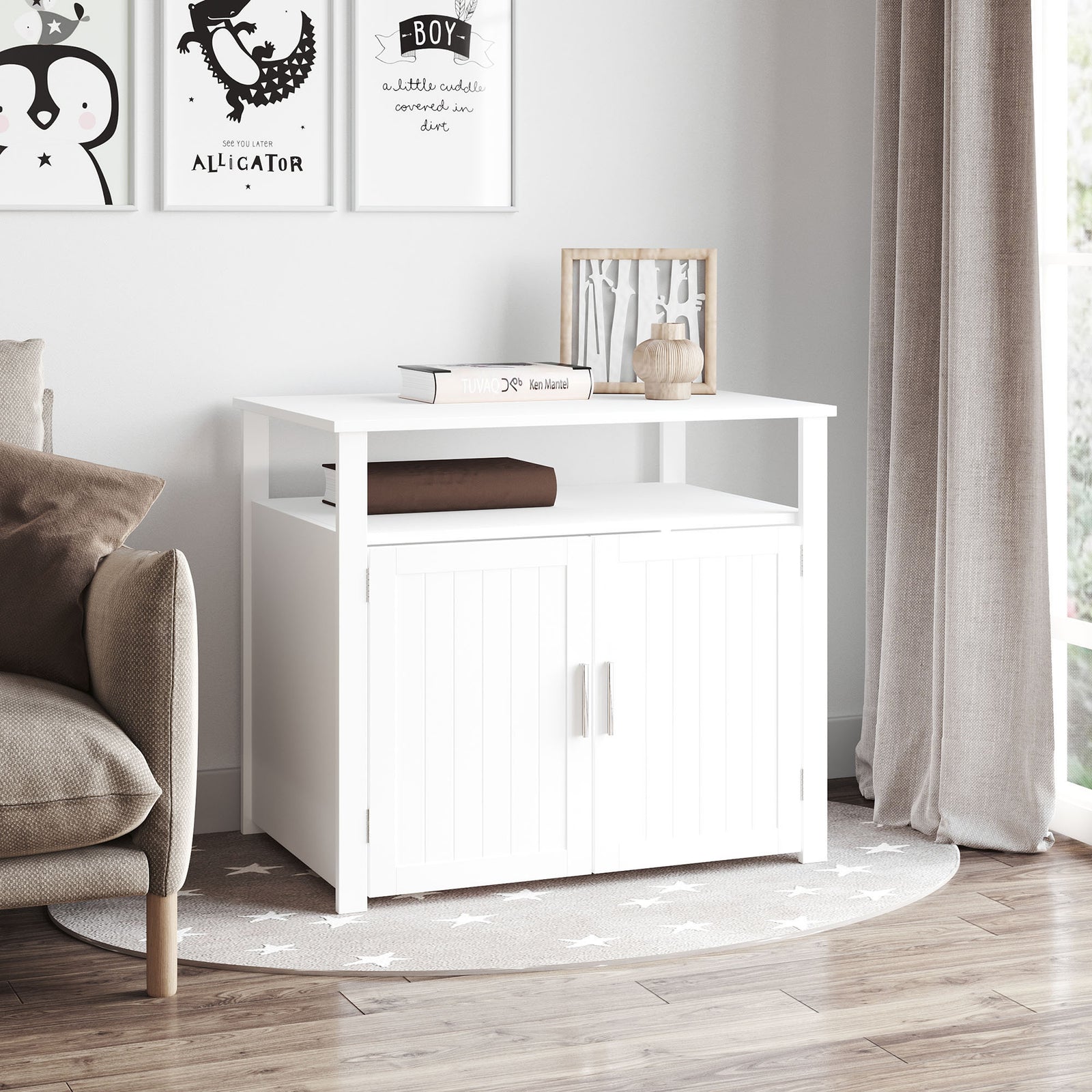 Wood Cat Litter Box Enclosure Furniture W/ Adjustable Interior Wall | White