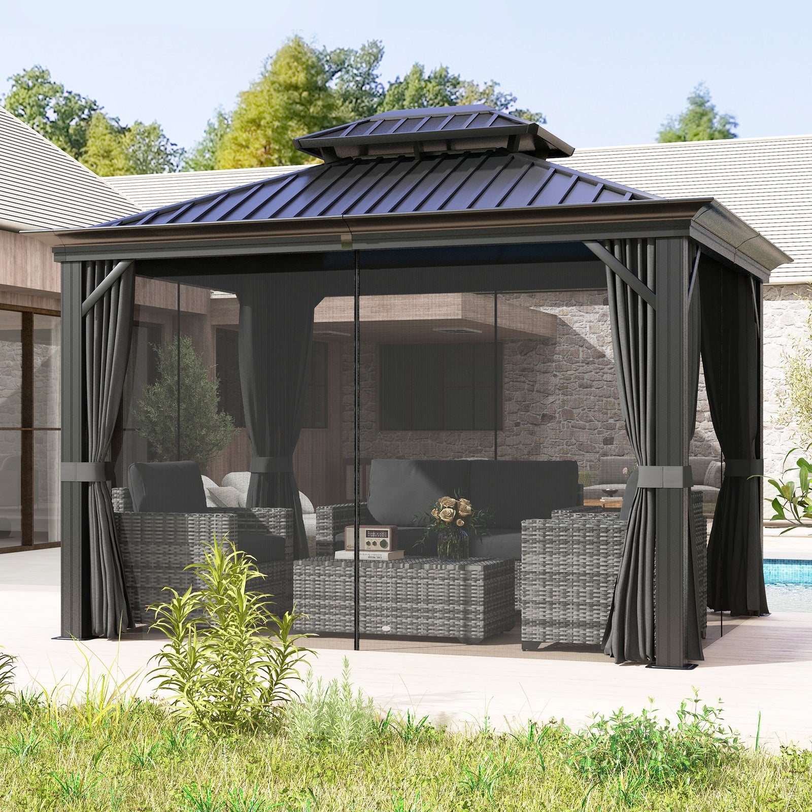 3 X 3.7m Aluminium Outdoor Hardtop Gazebo Canopy 2-tier Roof | Dark Gray