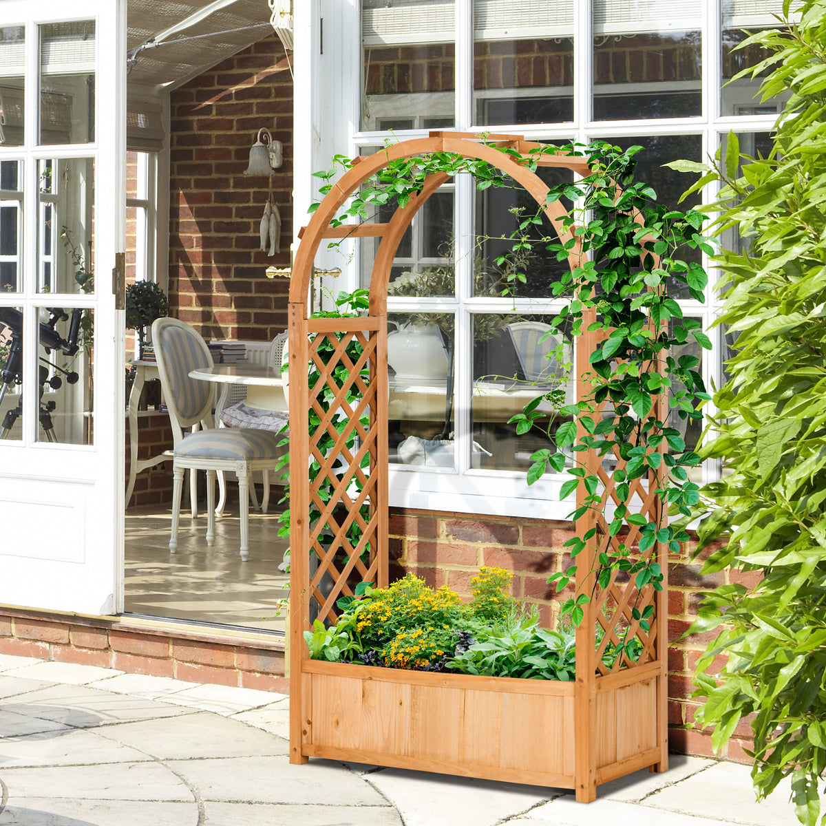 Outsunny Raised Garden Bed With Arch Trellis, Garden Planter Box, Brown