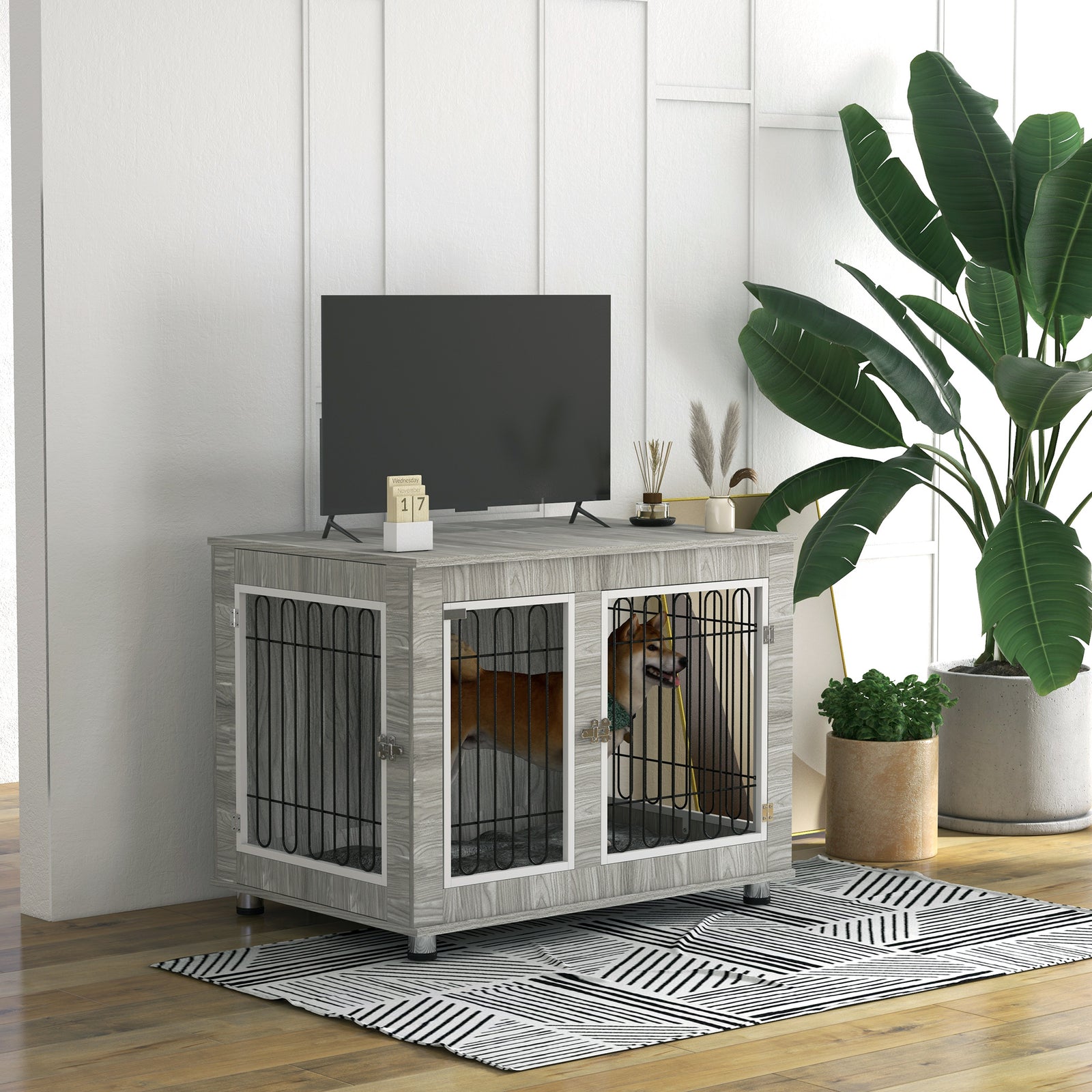 Dog Crate Table W/ Cushion, Double Door - Grey