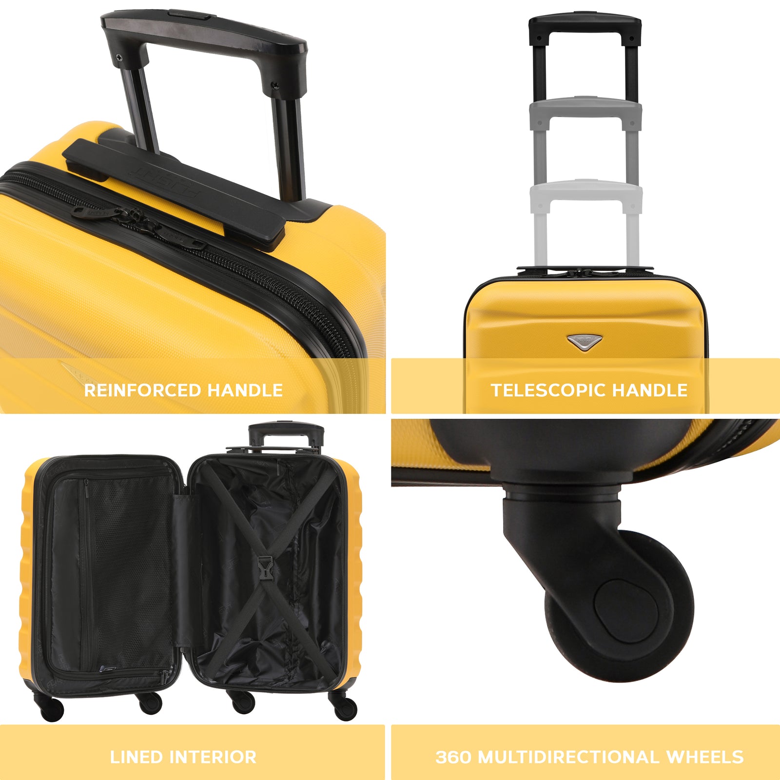 55x35x20cm Cabin Carry On Suitcase Hard Shell Overhead Luggage 100+ Airlines Approved | Cabin | Yellow & Black