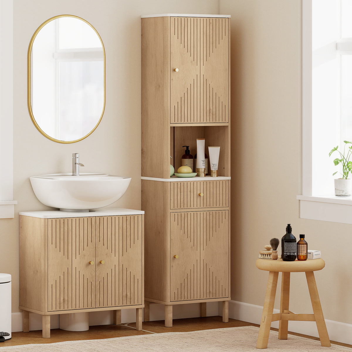 HOMCOM 168 Cm Tall Bathroom Cabinet With Drawer And Adjustable Shelves, Oak