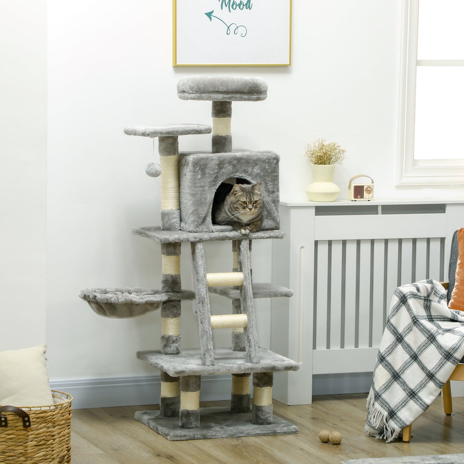132cm Multi-activity Cat Tree W/ House, Bed, Ladder, Scratch Post - Grey