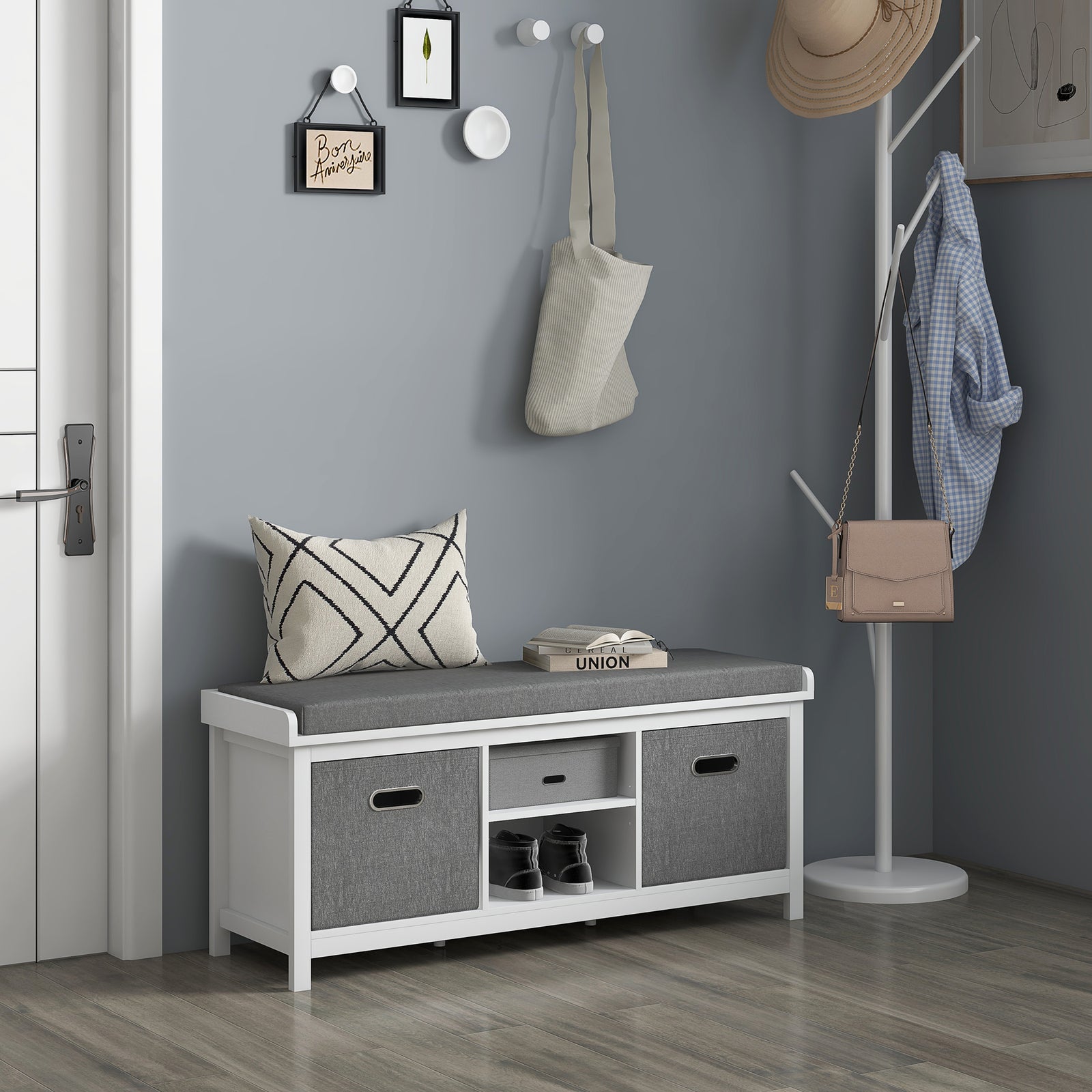 Shoe Bench With Cushioned Seat Fabric Drawers For Entryway