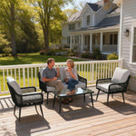 Rattan Garden Furniture Set, Tempered Glass With 3 Chairs | Black