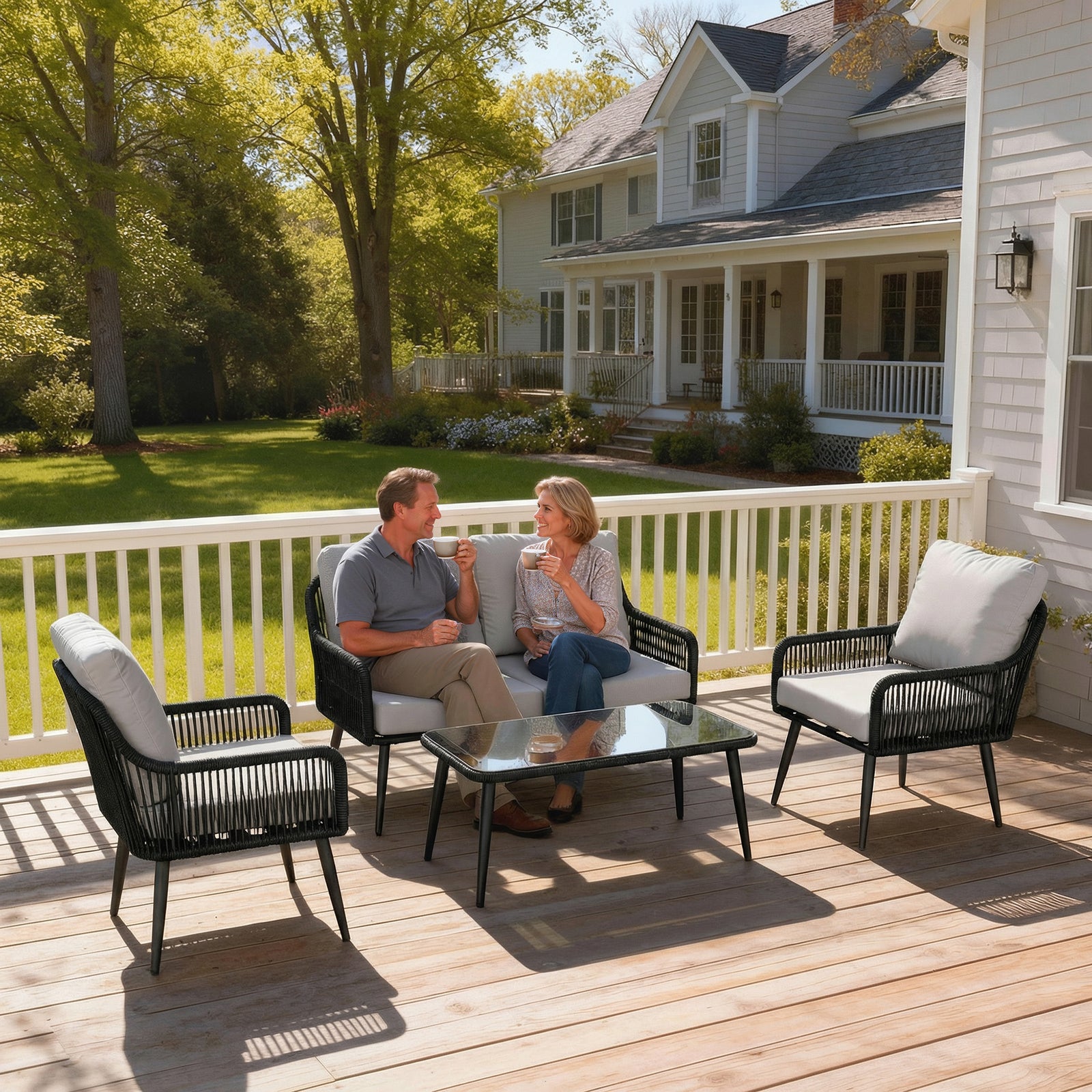 Rattan Garden Furniture Set, Tempered Glass With 3 Chairs | Black