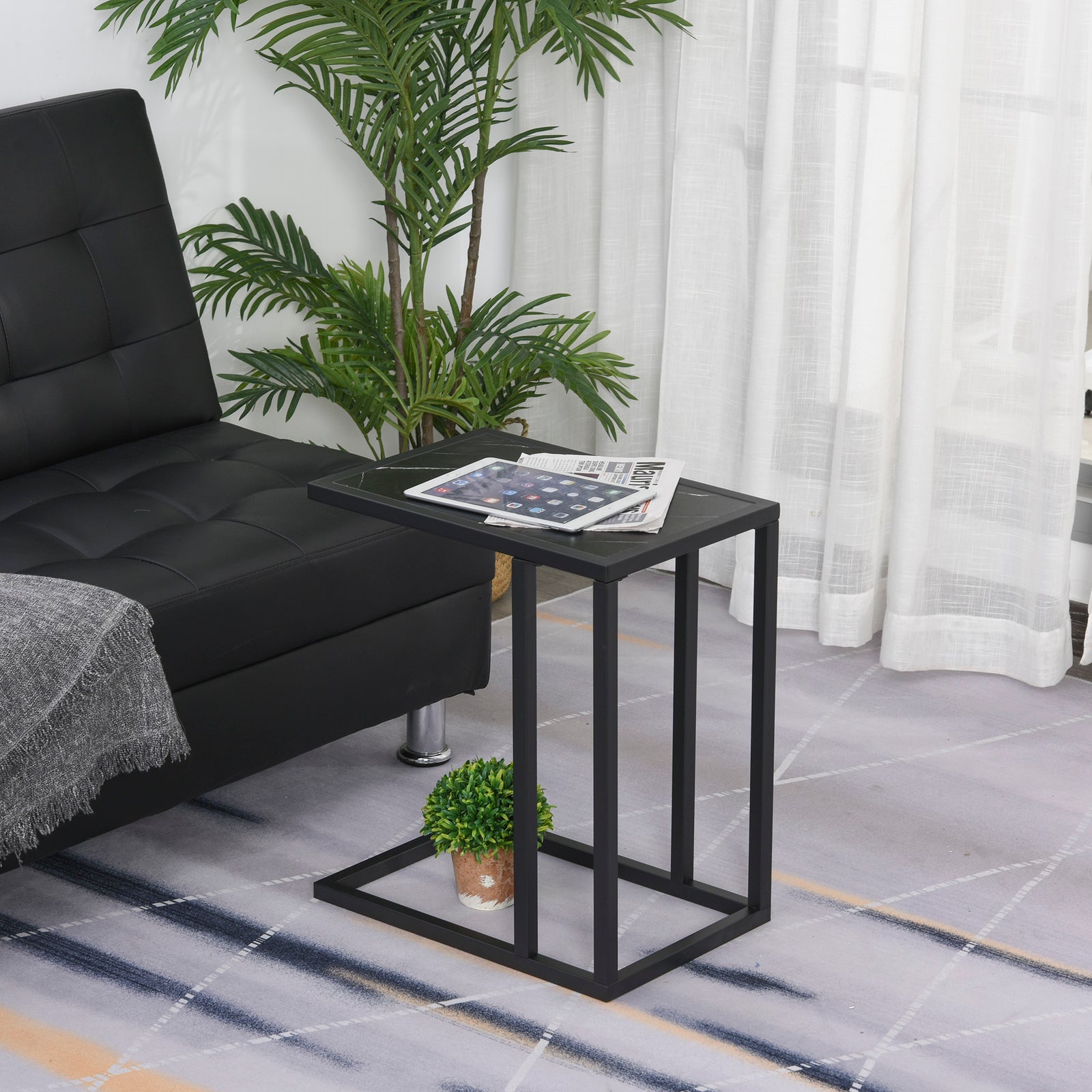 C Shape Side Table Marble-effect Top Metal Frame | Black