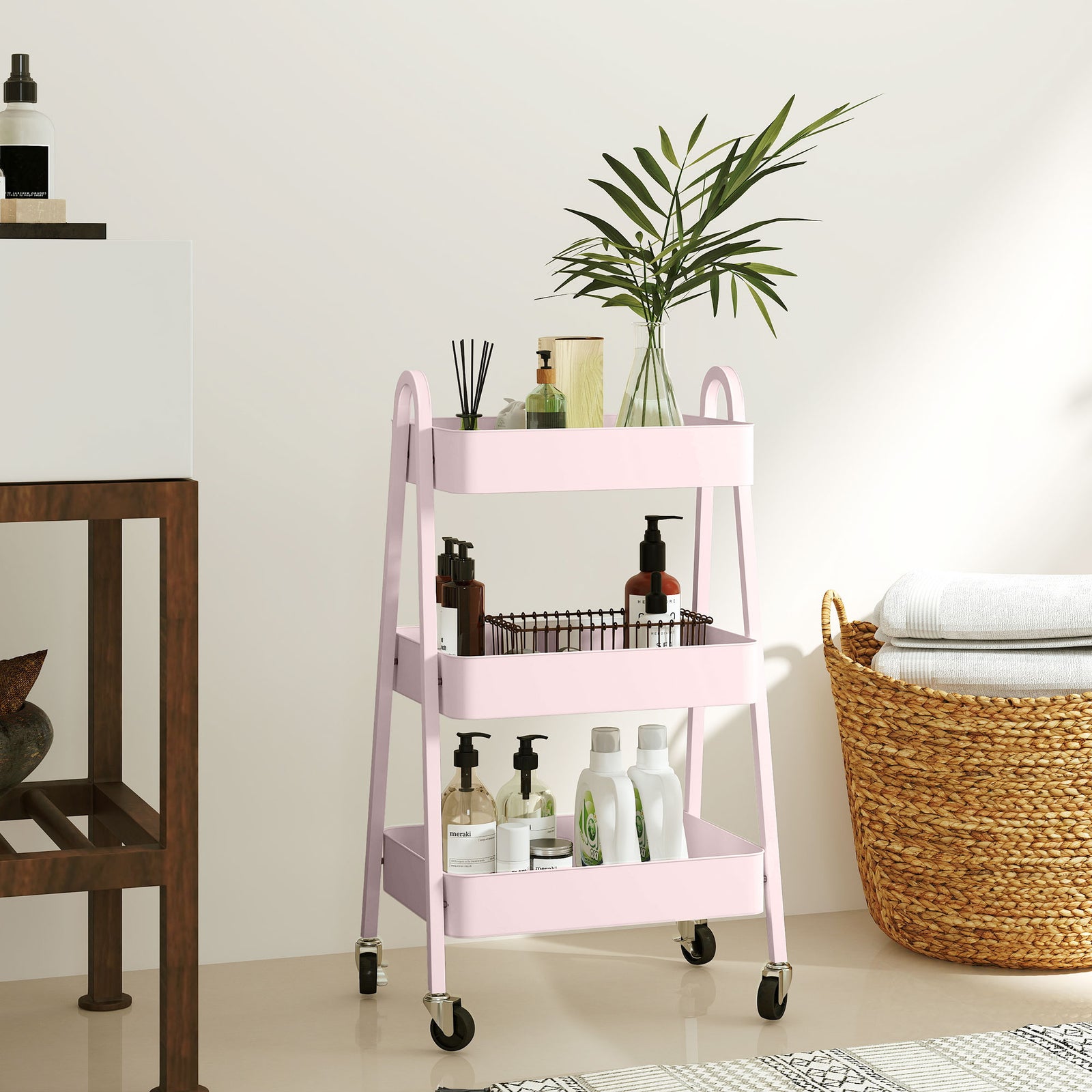 3-tier Kitchen Cart, Wheels | Pink