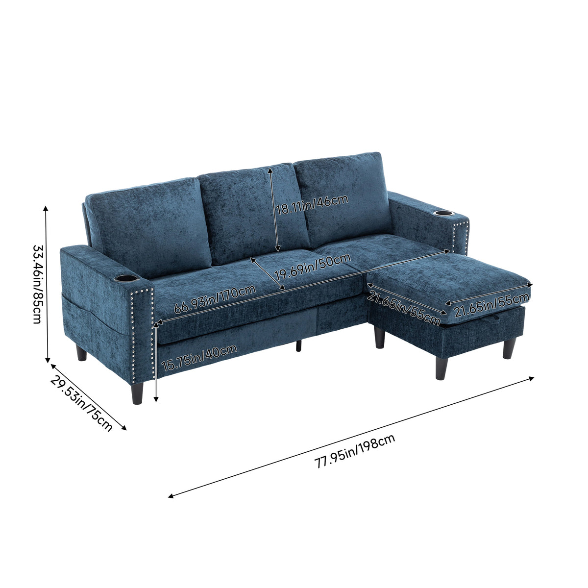 Chenille Upholstered L-shaped 3-seater Sectional Sofa With Ottoman | Blue