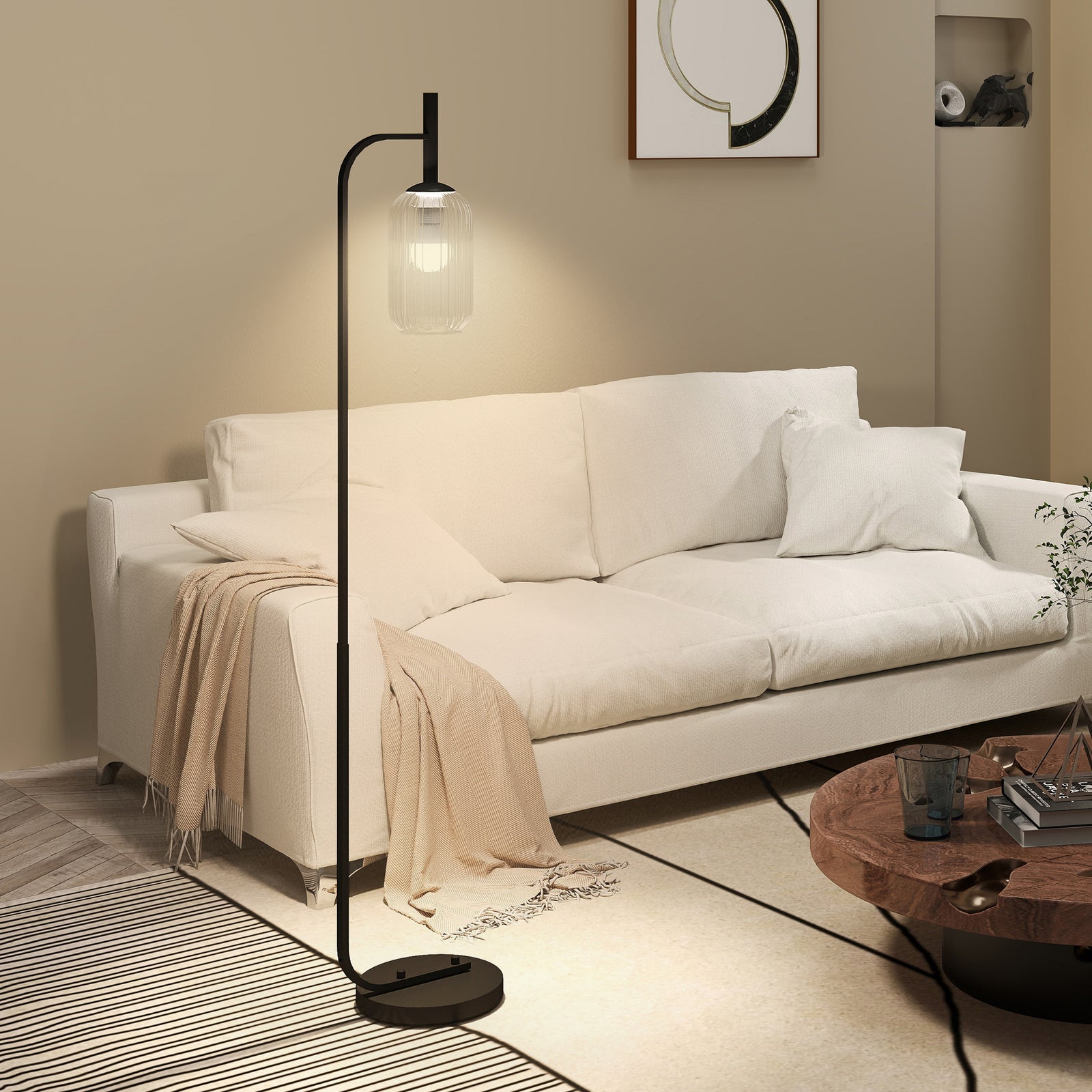 Modern Floor Lamp With Glass Lampshade, Foot Switch For Living Room | Black