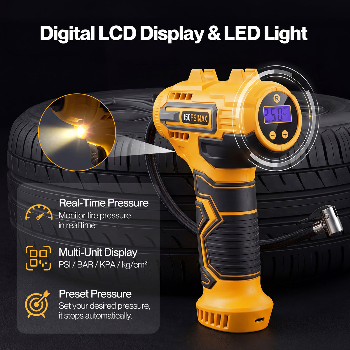 Car Tyre Inflator Cordless Air Compressor 150psi Portable Tyre Pump | Yellow