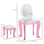 Kids Dressing Table, Girls Vanity Set With Mirror And Stool, Unicorn