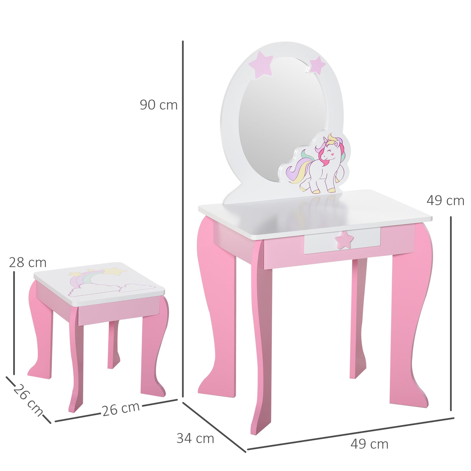 Kids Dressing Table, Girls Vanity Set With Mirror And Stool, Unicorn