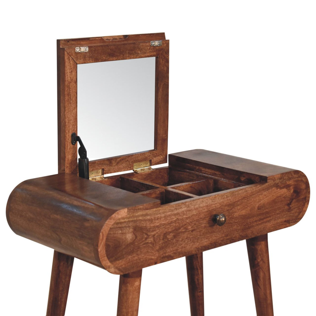 Solid Wood Mini Honey Caramel Dressing Table With Foldable Mirror