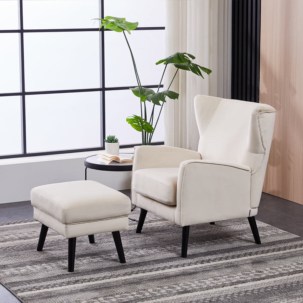 Velvet Upholstered Leisure Chair With Footstool – Accent Armchair With Wooden Frame | Beige
