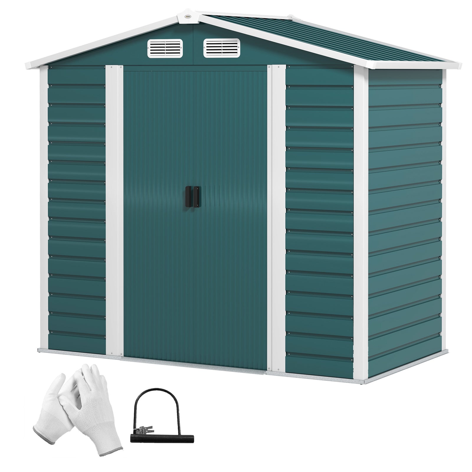 7 X 4ft Metal Garden Shed W/ Double Doors Gloves | Green