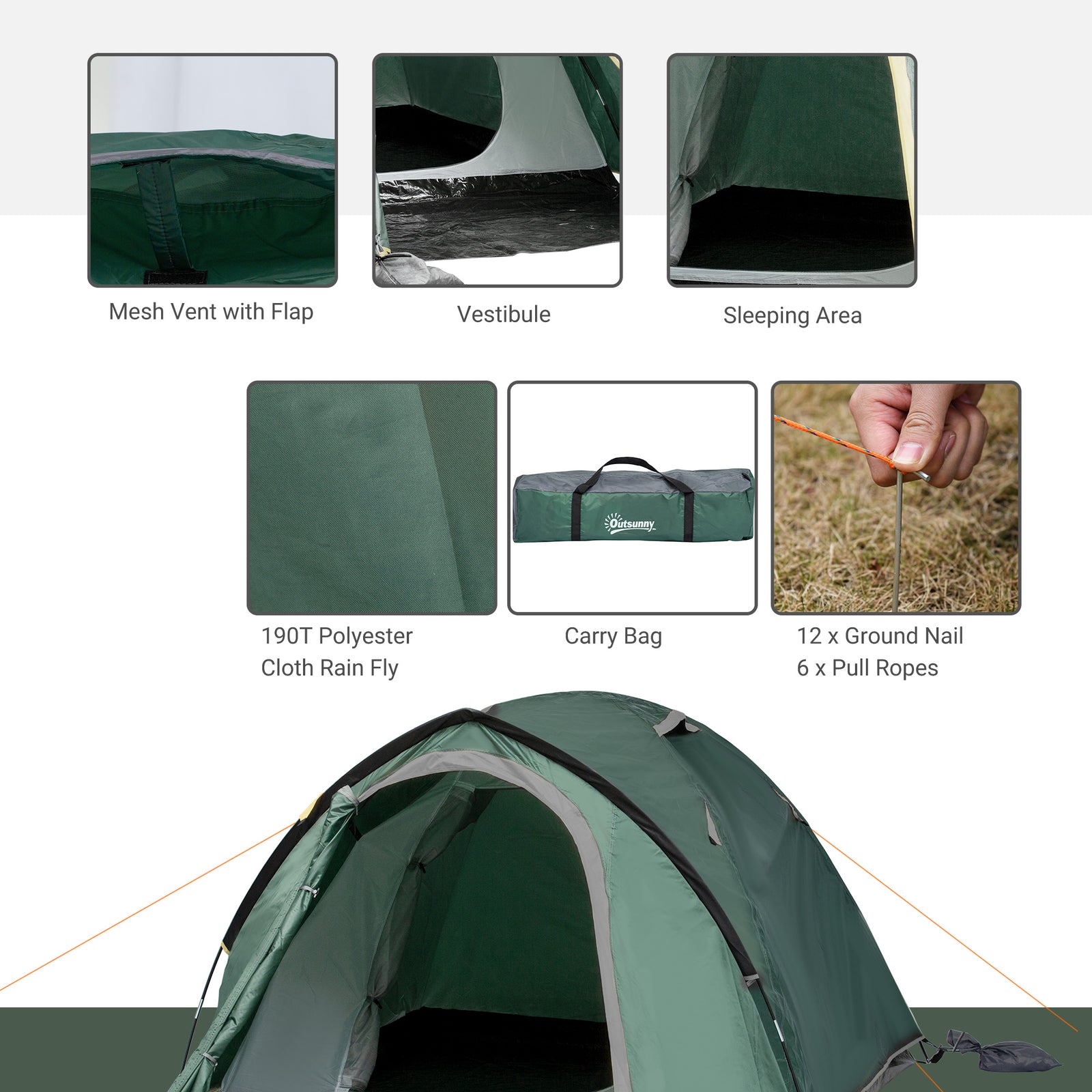 Compact Camping Tent W/ Vestibule & Mesh Vents For Hiking | Gray