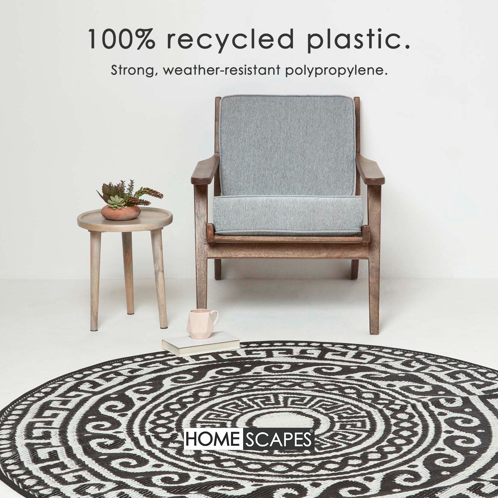 Luxury Outdoor Rug Waterproof Reversible Round For Garden Patio 100% Recycled, Black Enid Aztec