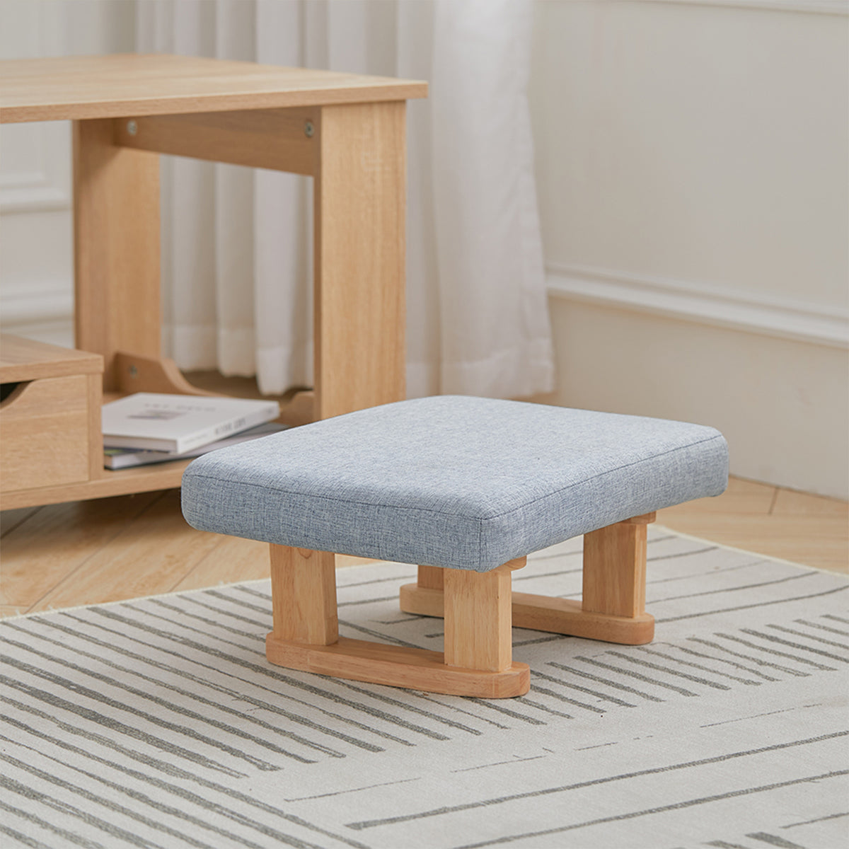 Linen Upholstered Footstool With Wooden Legs | Light Blue