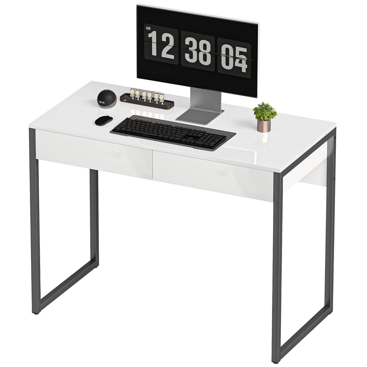HOMCOM Modern Home Office Desk With High Gloss 2 Drawers Finish White Black