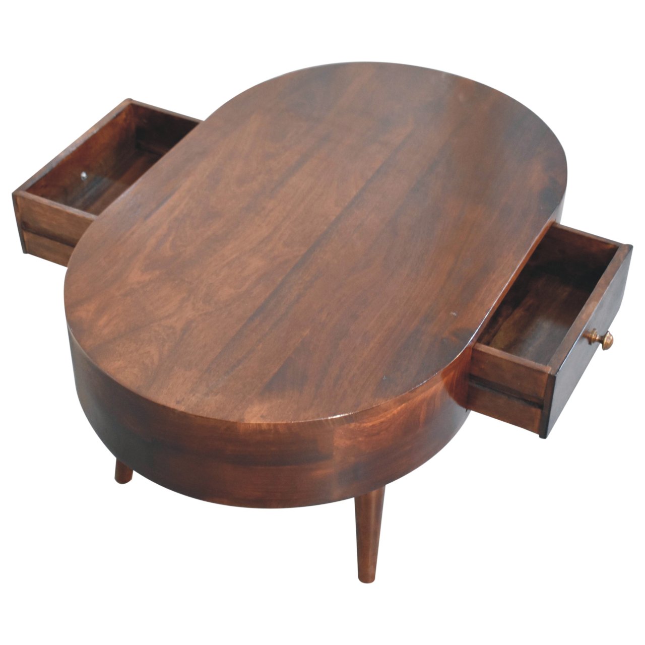 Solid Wood California Walnut Rounded Coffee Table, 2 Drawers, Dark Brown