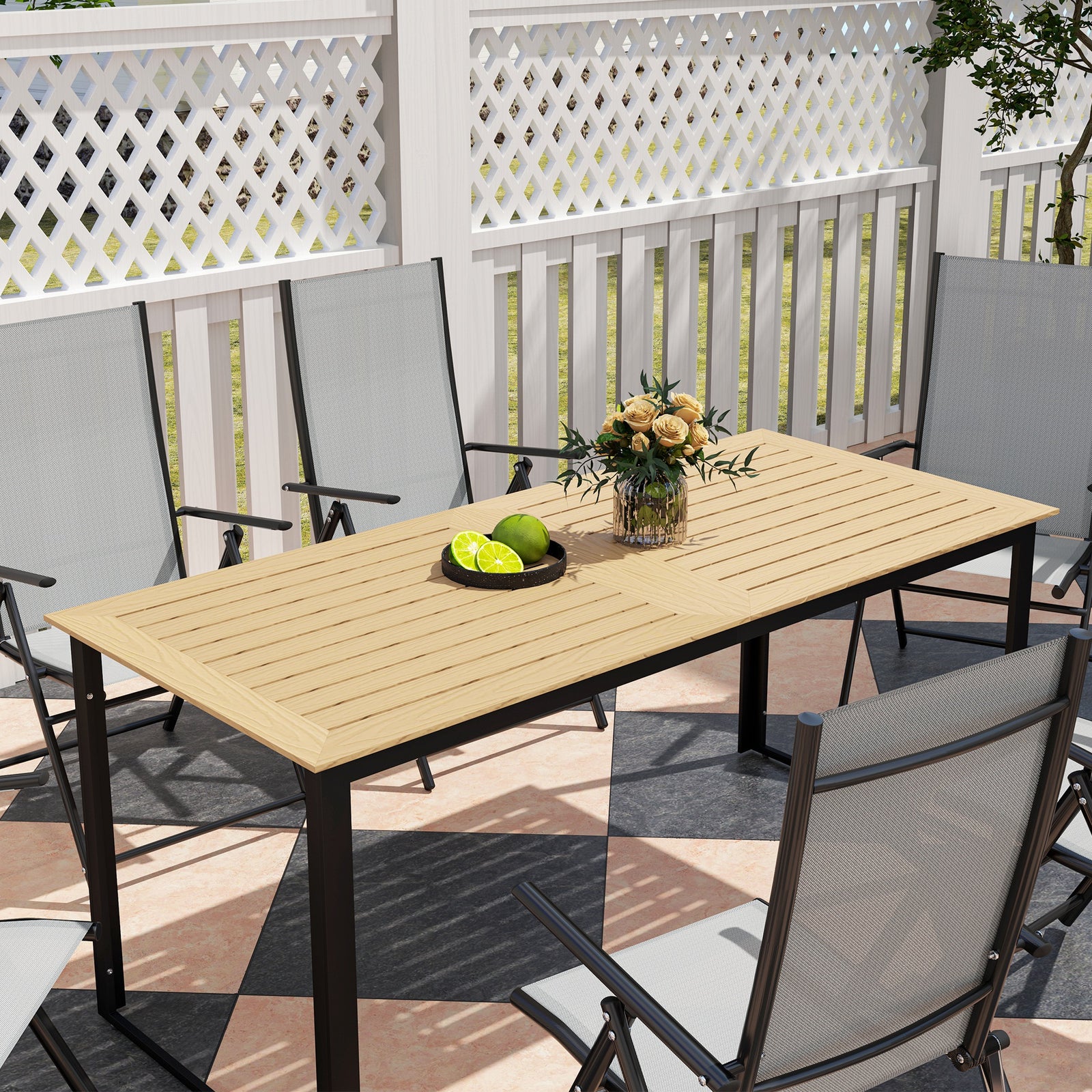 Garden Dining Table For 6 People W/ Slatted Table Top Metal