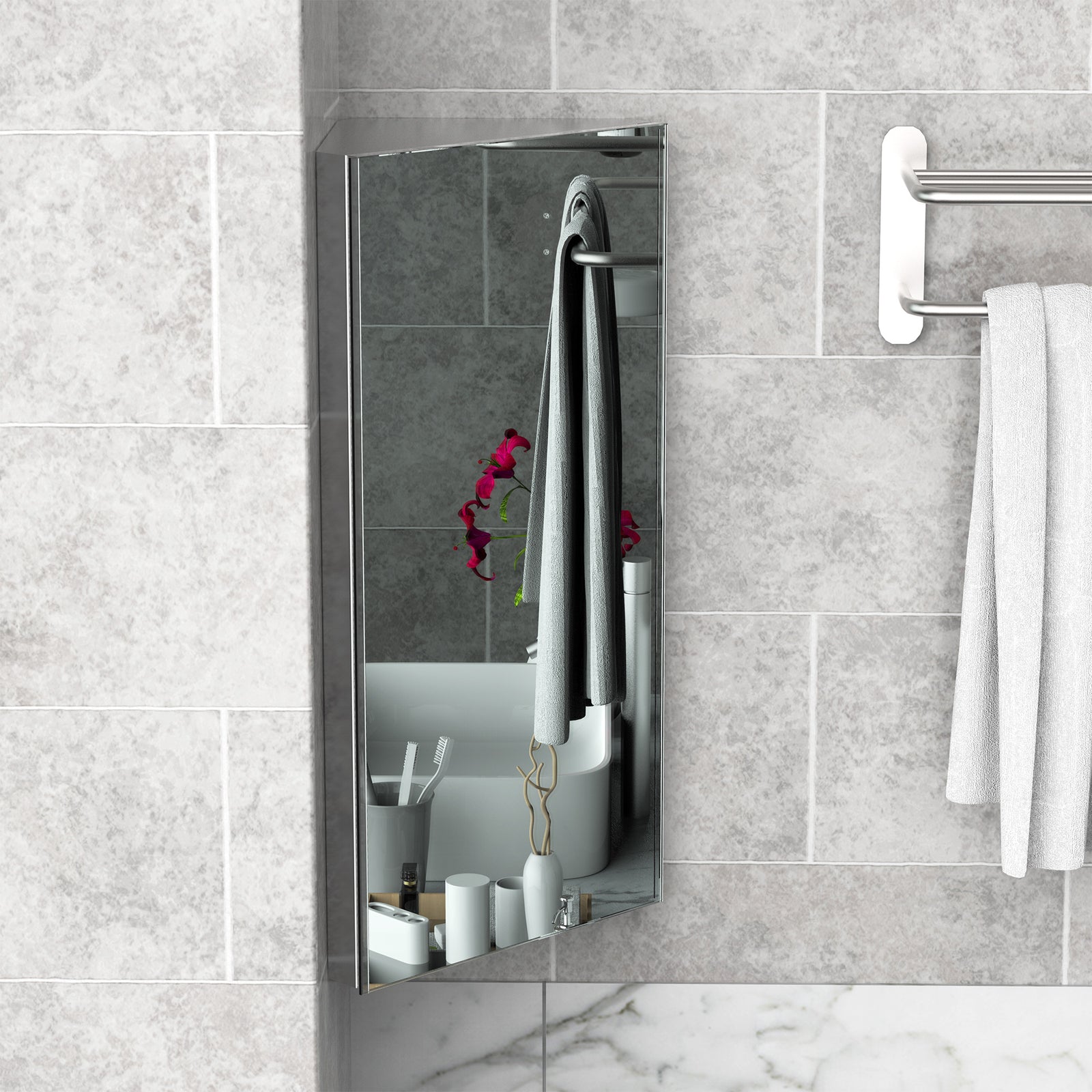 Bathroom Corner Wall Mirror Storage Cabinet Cupboard