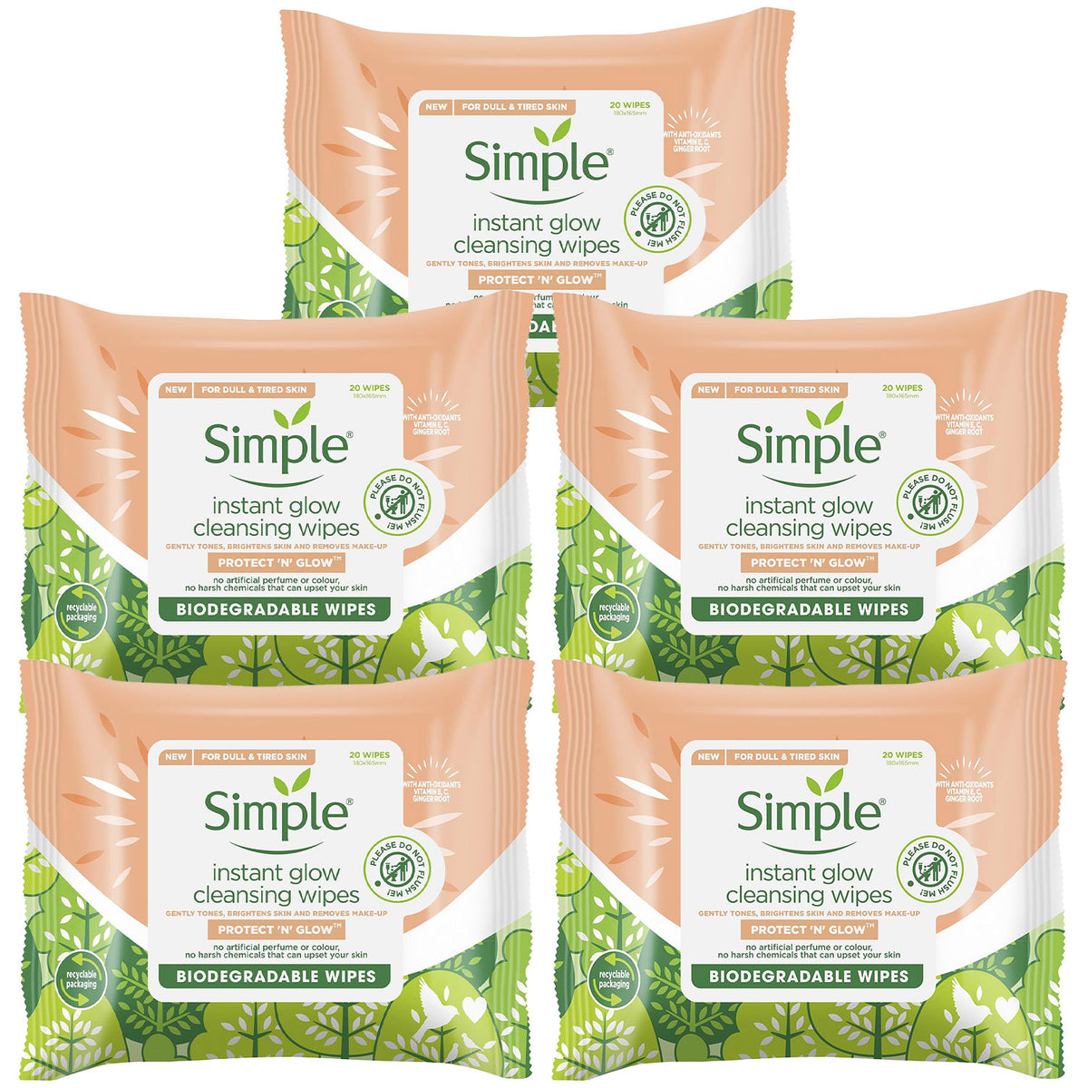 Protect 'n' Glow Instant Cleansing Wipes For Dull & Tired Skin, 5pk | Set of 5
