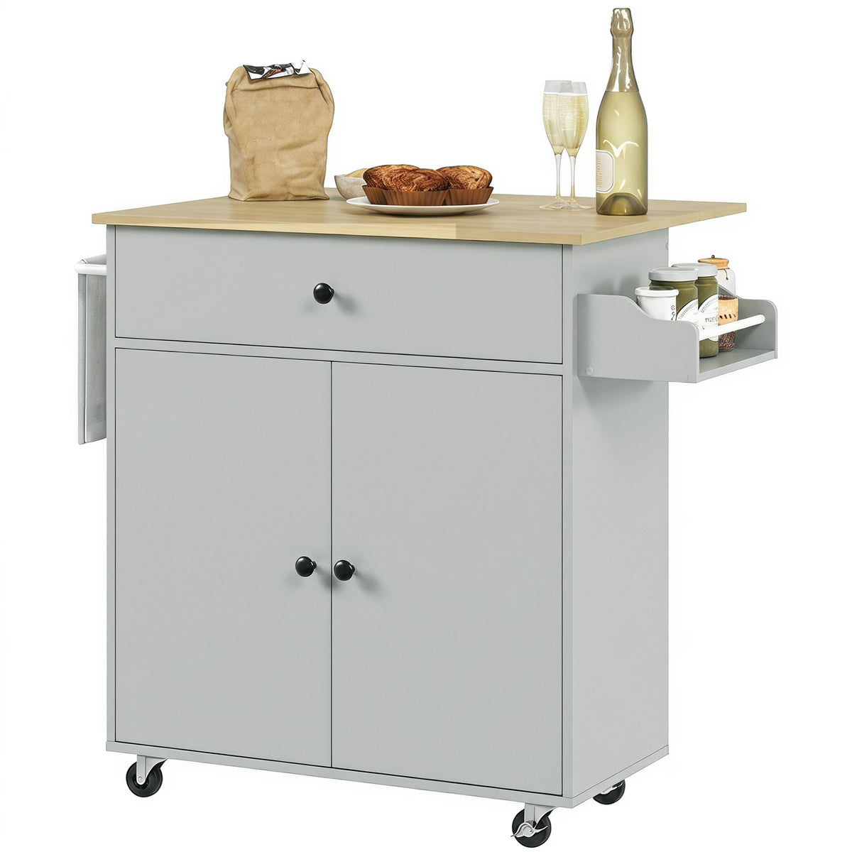 Kitchen Island With Drop Leaf, Rolling Kitchen Storage Trolley | Grey