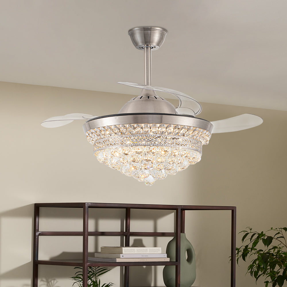 42" Crystal Ceiling Fan With 3 Blades & 3 Color Led Light Modern Dimmable Fan With Remote Control
