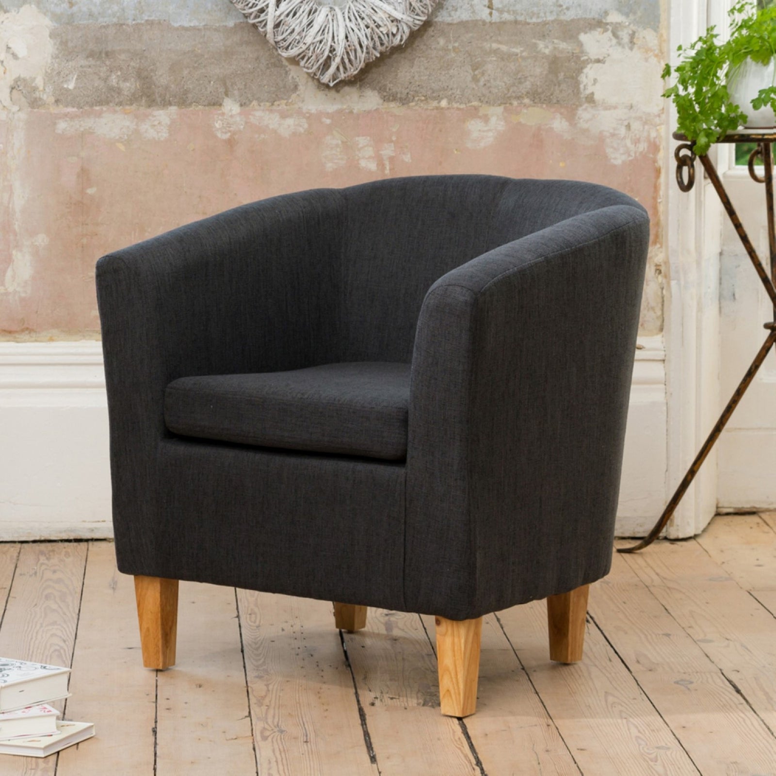 Alderwood 68cm Wide Hessian Fabric Tub Chair With Pine Coloured Legs | Black