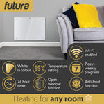 Electric Wifi Glass Radiator Panel Heater White Wall Mounted Or Floor Standing Bathroom Safe Timer And Thermostat | 1000w | White