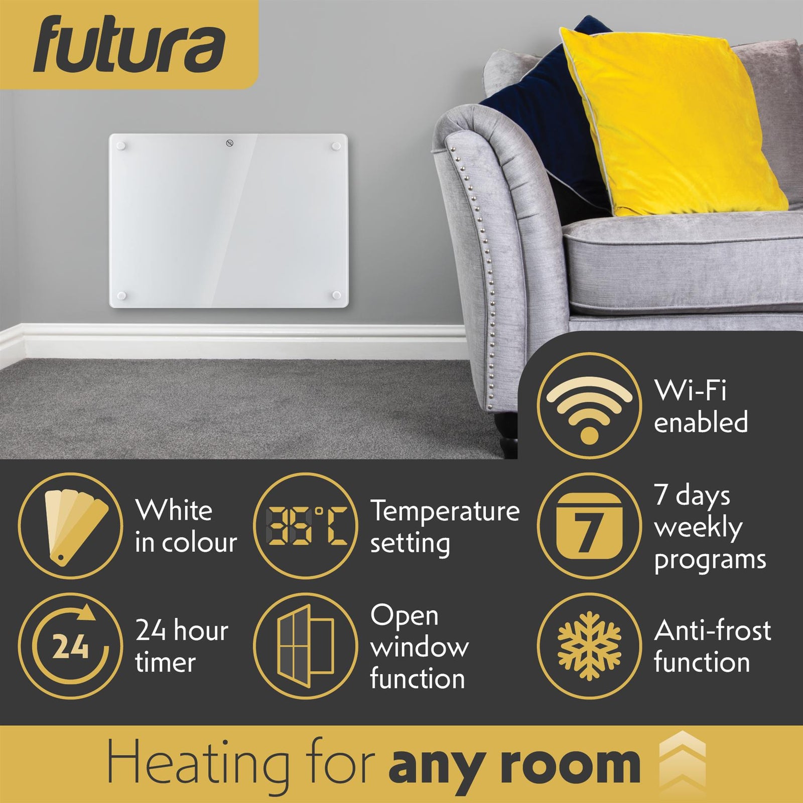 Electric Wifi Glass Radiator Panel Heater White Wall Mounted Or Floor Standing Bathroom Safe Timer And Thermostat | 1000w | White