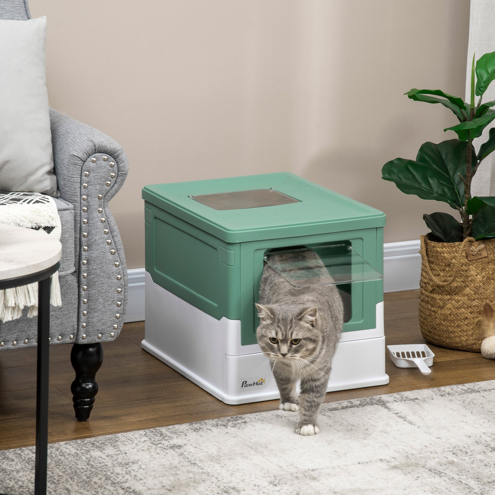 Hooded Cat Litter Box W/ Tray, Scoop, Front Entry | Green