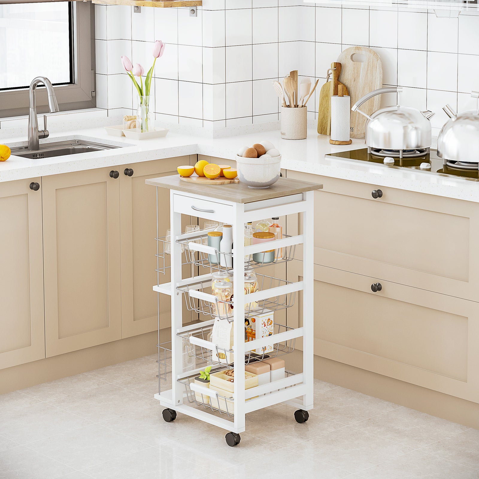 Kitchen Island Trolley W/ 4 Baskets 2 Side Racks Drawer | Antique White