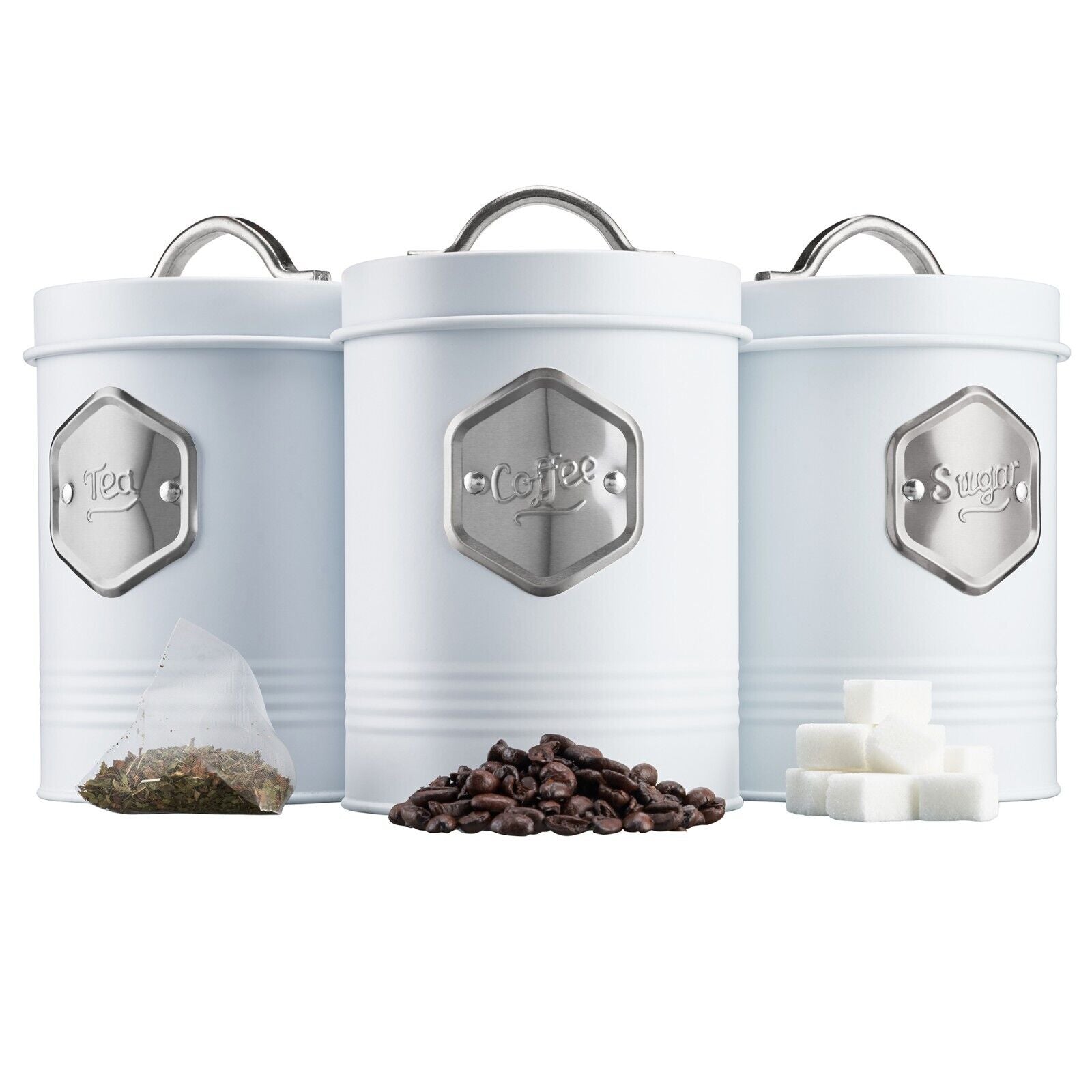 Tea Coffee & Sugar Canisters Bin Jar Storage 3pc White/silver | Silver
