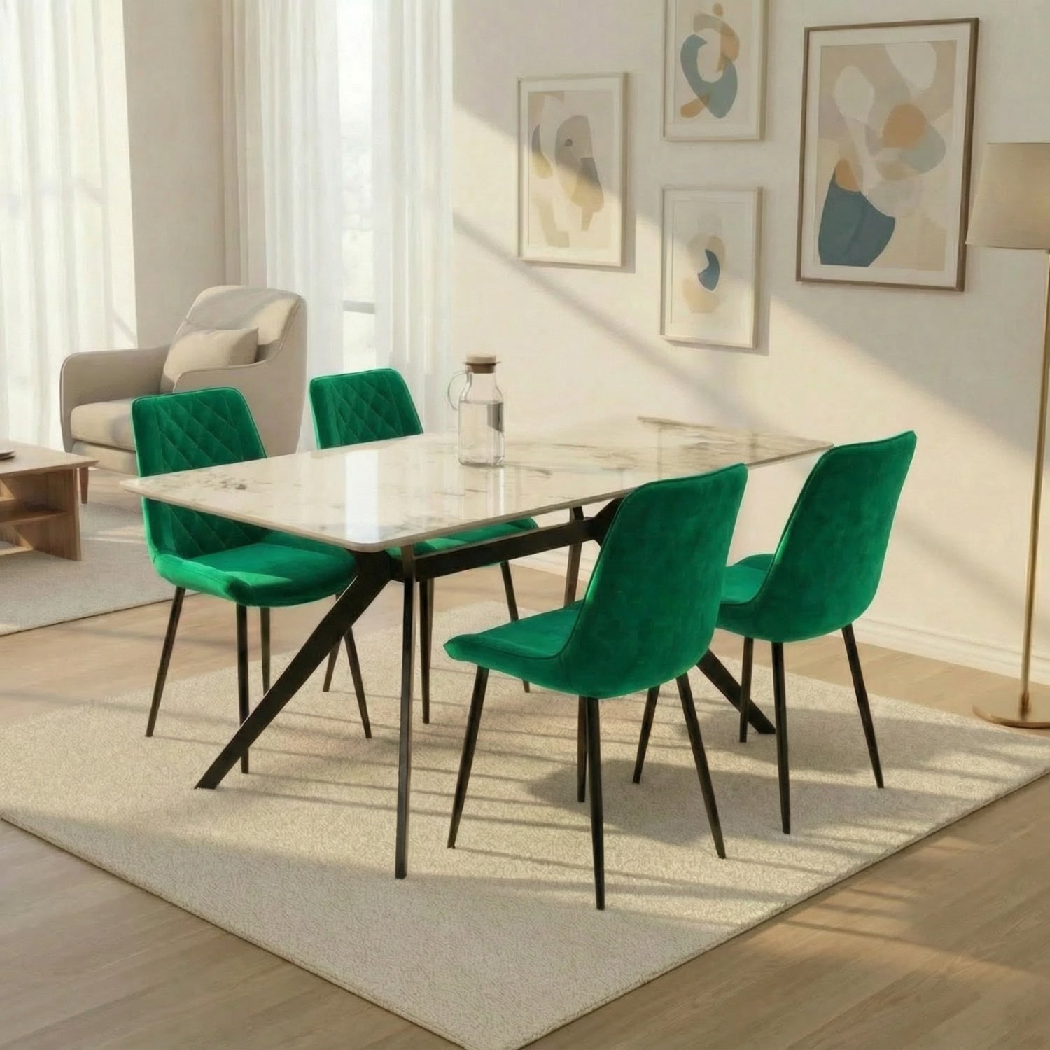 San Diego Marble Top Dining Table With Amelia Velvet Chairs | Green