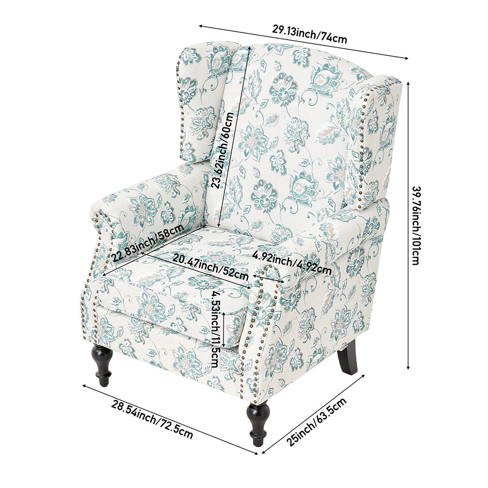 Floral Velvet Linen Wingback Armchair With Nailhead Trim