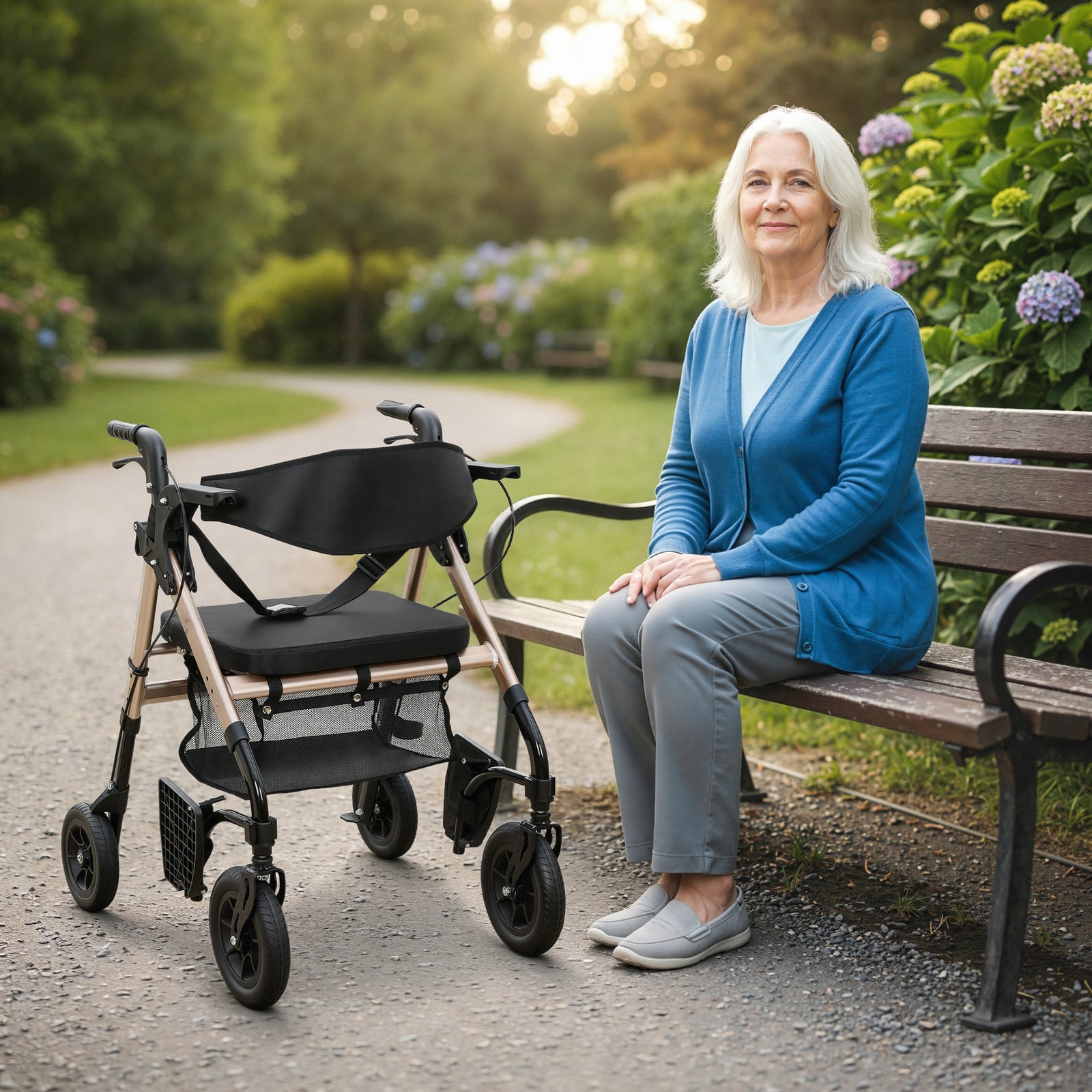 2-in-1 Mobility Walker With Seat, Foldable Rollator With Footrests
