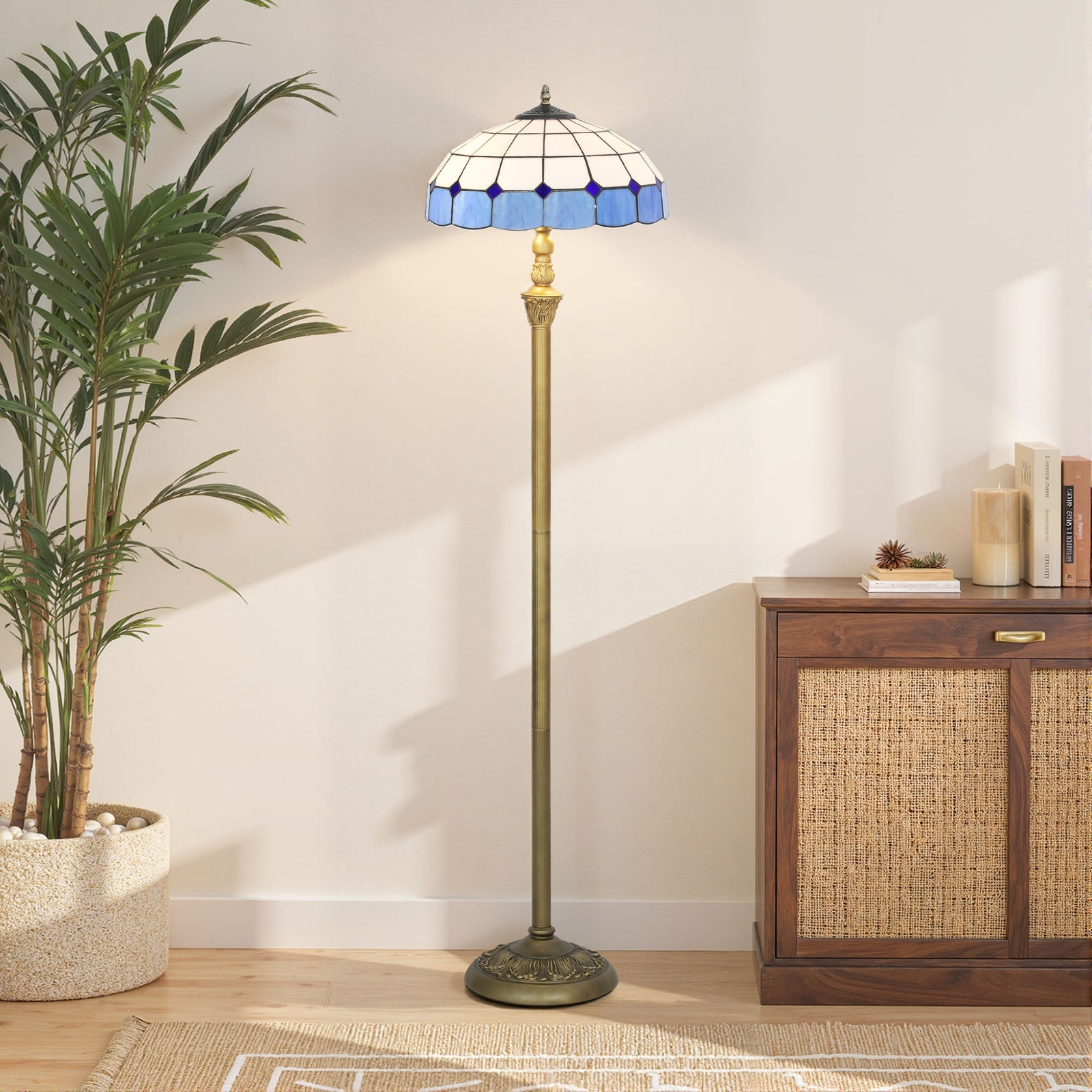 Floor Lamp With Handcrafted Stained Glass Shade, Vintage Standing Lamp | Blue