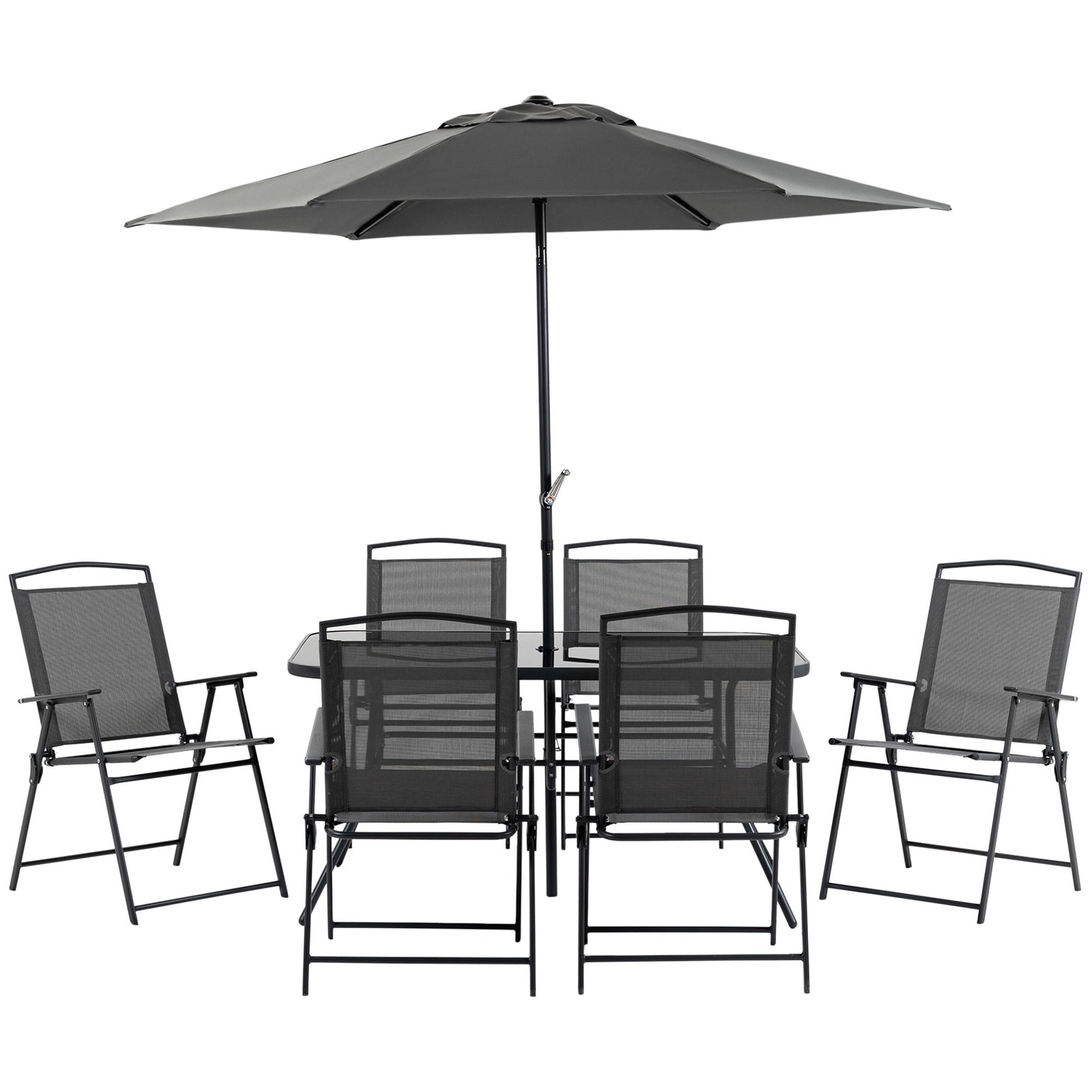 Garden Furniture Set W/ Parasol And Folding Chairs For Patio | 8 | Black