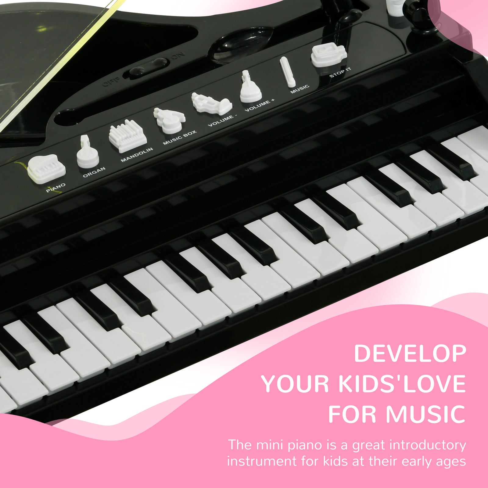 32 Keys Kids Piano Keyboard With Stool, Lights, Microphone, Black | Black