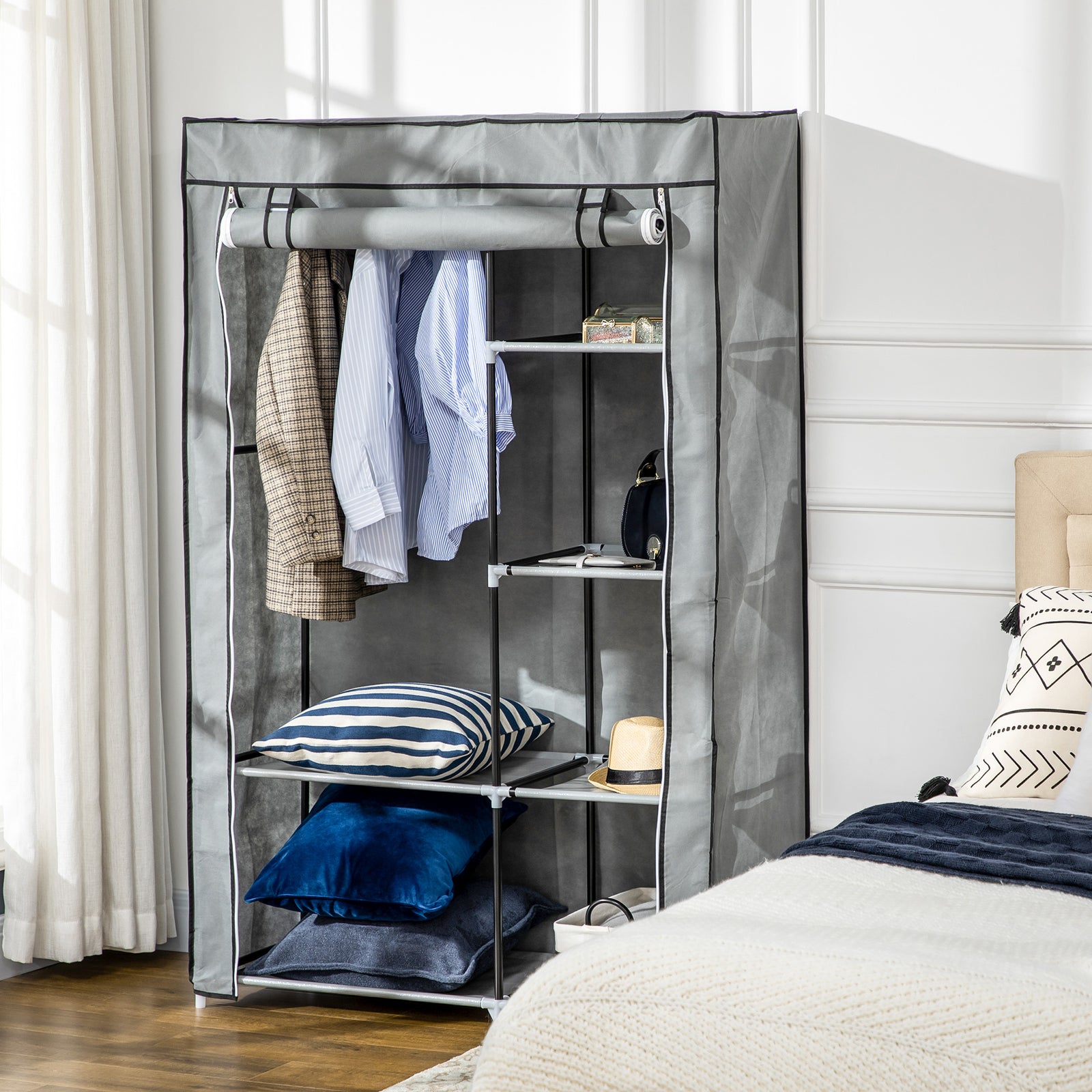 Fabric Wardrobe W/ Shelves Hanging Rail Foldable Closets